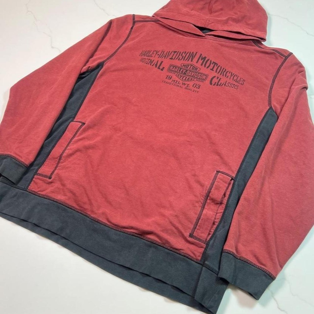 Harley Davidson Hoodie Mens XL Burgundy Colorblock Graphic Sweatshirt